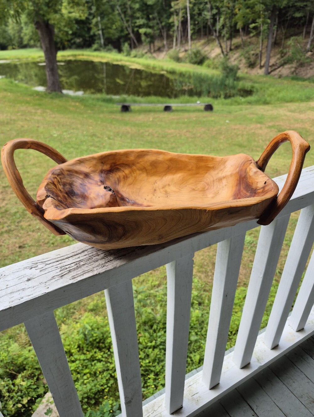 Hand-Carved Burl Wood Organic Shaped Natural Root Handles Large Bowl 17.5"